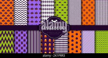Ensemble de motifs sans couture pour Halloween. Colorer les icônes vectorielles plates du crâne, de l'araignée, de la toile d'araignée, de la citrouille Illustration de Vecteur