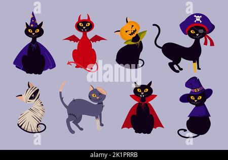 Chat noir dans différentes images sur Halloween pirate zombie vampire démon magicien citrouille momie Illustration de Vecteur