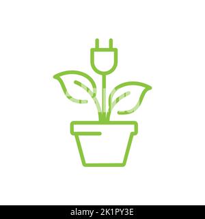 Icône de vecteur de ligne d'énergie naturelle verte. Symbole de la fiche électrique et de l'usine, de l'environnement et des ressources renouvelables. Illustration de Vecteur