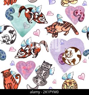 Aquarelle dessinée à la main motif sans couture de Valentines avec des chats endormis et des coeurs colorés.jour de Valentines, motifs d'anniversaire Banque D'Images