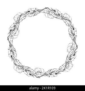 Ensemble de couronne à cadre de cercle vectoriel dessiné à la main avec fleurs de pivoine, bourgeons et feuilles. Isolé sur fond blanc. Design pour mariage ou accueil ca Illustration de Vecteur