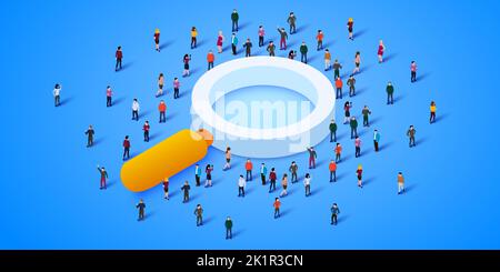 Grand groupe de personnes se tenant autour de la loupe. Recherche humaine. Illustration vectorielle Illustration de Vecteur