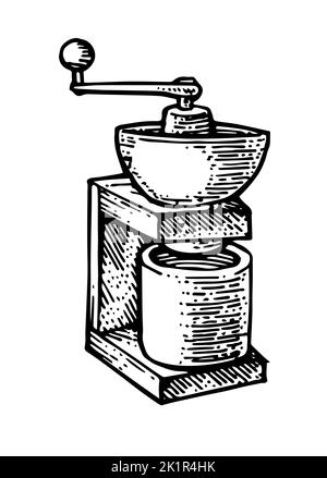 Moulin manuel universel pour la production de farine et de café moulu. Ancienne technologie rétro obsolète. Moudre en poudre. Esquisse de contour dessinée à la main. Isolé Illustration de Vecteur