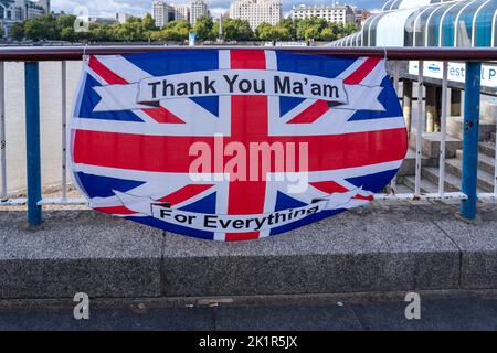 SOUTH BANK, LONDON, UK - SEPTEMBER 18TH  2022: The flag of the United Kingdom saying Thank you ma'am for Everything Stock Photo