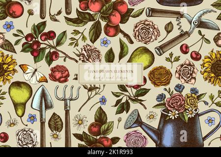 Motif de jardinage sans couture en arrière-plan. Style gravé. Arrosoir, pommes, cerises, roses, poires, pelle, râteau, sécateur, camomille Illustration de Vecteur