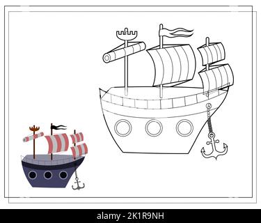 Livre de coloriage pour enfants, bateau pirate. Vecteur isolé sur fond blanc Illustration de Vecteur