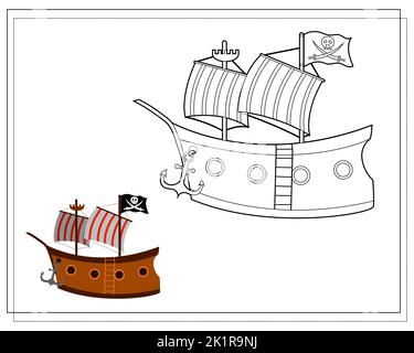 Livre de coloriage pour enfants, bateau pirate. Vecteur isolé sur fond blanc Illustration de Vecteur