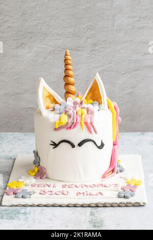 Gâteau spécial en forme de licorne. Créez un gâteau d'anniversaire sur fond gris Banque D'Images