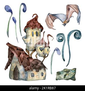 Ensemble d'illustrations d'halloween en forme de tour lunique aquarelle isolée sur blanc. Maison hantée, plantes magiques, chauve-souris, pierre tombale dessinés à la main. Elément de conception Banque D'Images