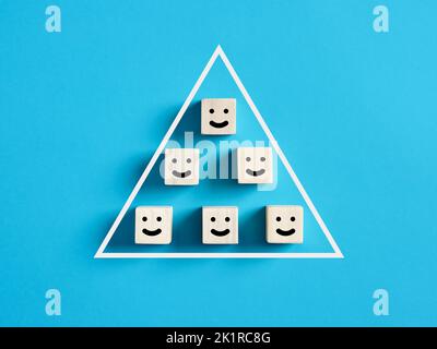 Émoticônes visage souriantes sur des cubes en bois représentant des clients ou une expérience utilisateur heureux. Concept de satisfaction de la clientèle et de croissance de la rétroaction positive. Banque D'Images