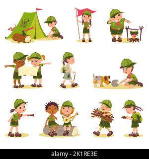 Adorables scouts pour enfants. Enfants dans des vêtements touristiques. Camping d'été. Organisation d'aventures. Explorateurs de la nature. Les garçons et les filles mettent la tente. Adolescents Illustration de Vecteur