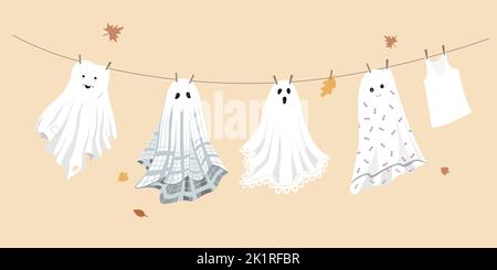 Arrière-plan Halloween avec de mignons feuilles fantômes séchant sur la corde. Illustration vectorielle amusante. Illustration de Vecteur