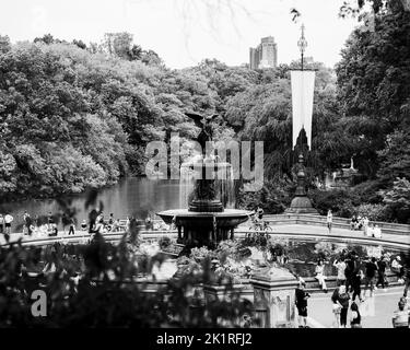 Une belle photo en niveaux de gris de la terrasse et fontaine Bethesda dans le Central Park à New York Banque D'Images