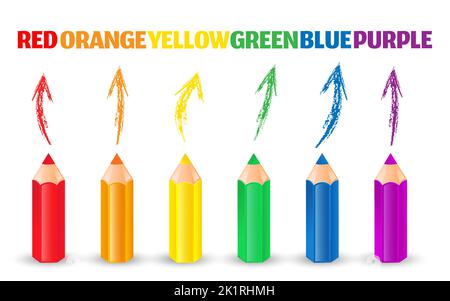 Jeu de crayons de couleur vectorielle avec flèches et noms de couleur sur fond blanc. Illustration de Vecteur