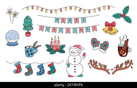 Ensemble de motifs de Noël à motif vectoriel. Éléments colorés dessinés à la main isolés sur fond blanc. Noël contour design objets arbre, guirlande, jingl Illustration de Vecteur