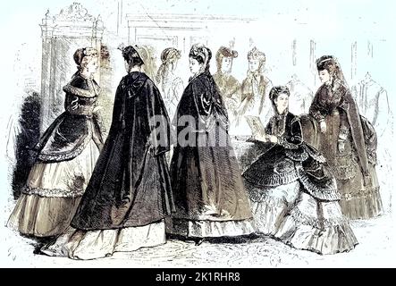 Mode der saison Sommer 1868 à Paris, elegante Frauen à Kleidern, Frankreich / mode de la saison été 1868 à Paris, élégantes femmes en robes élaborées, France, Historisch, restauration numérique Reproduktion einer Originalvorlage aus dem 19. Jahrhundert, genaues Originaldatum nicht bekannt / historique, numérique reproduction améliorée d'un original du 19th siècle, Banque D'Images