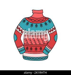 Pull de Noël isolé. Adorable motif vectoriel coloré de pull-over tricoté avec décor. Outline main dessiné drôle moche chandail sur le blanc ba Illustration de Vecteur