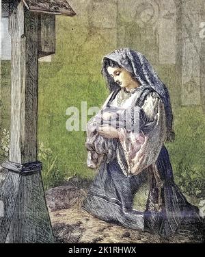 DAS Gebet der jungen Mutter für ihr Baby vor einem Kreuz, 1869, Frankreich / la prière de la jeune mère pour son bébé devant une croix, 1869, France, Historisch, digital restaurierte Reproduktion einer Originalvorlage aus dem 19. Jahrhundert, genaues Originaldatum nicht bekannt / historique, numérique reproduction améliorée d'un original du 19th siècle, Banque D'Images