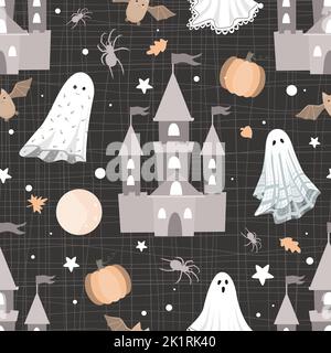 Motif Halloween horreur sans coutures. Châteaux sombres, citrouille, araignées et feuilles fantômes. Un arrière-plan effrayant et drôle et effrayant. Décoration textile, papier d'emballage Illustration de Vecteur