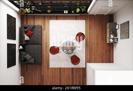 Intérieur moderne d'une maison privée de luxe. Vue du salon depuis le dessus. 3d illustration Banque D'Images