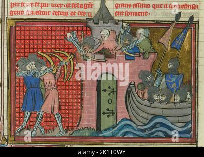 Le siège d'Ascamon en 1153 (de 'Li rommans de Godefroy de Buillon et de Salehadin'). MUSÉE : BIBLIOTHÈQUE NATIONALE DE FRANCE. Auteur: Maître de Fauvel. Banque D'Images