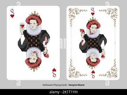 Cartes à jouer Halloween. Cœur Reine. Dame portant de vieux vêtements tenant un verre de vin. Vampire tenant le coeur sanglant avec le mauvais sourire Illustration de Vecteur