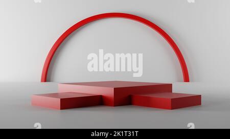 Socle vide rouge et blanc minimal pour la présentation des produits, 3D podium abstrait, 3D rendu Banque D'Images
