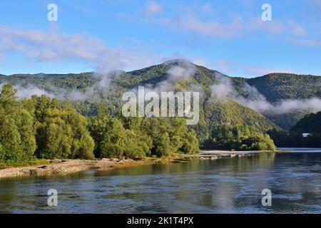 Rivière Drina dans le parc national de Tara entre la Serbie et la Bosnie-Herzégovine un matin brumeux Banque D'Images