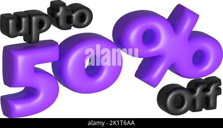 Jusqu'à 50 caractères de rabais solde isolé sur fond blanc. Méga shopping offre 50% de réduction. Concept de rendu plastique brillant 3D pour les fêtes Illustration de Vecteur
