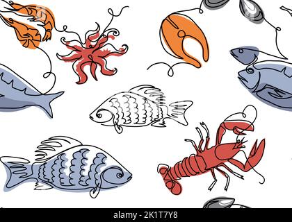 Motif vectoriel de fruits de mer. Un dessin d'art continu de style fruits de mer Illustration de Vecteur