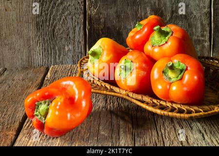 Des légumes brillants sur le fond de vieux planches. La nourriture est sur la table en automne. Légumes juteux et mûrs Banque D'Images