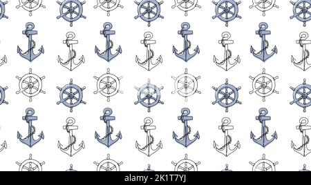 Motif marin vectoriel avec ancrage et volant. Un dessin en ligne continue de panneaux de la mer. Motif d'ancrage et de roue Illustration de Vecteur