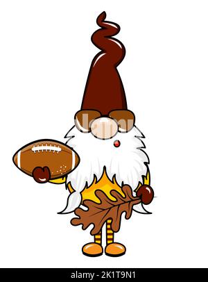 Adorable gnome avec ballon de football américain - nain magique nordique. Vacances mignonnes Elf avec chapeau. Illustration vectorielle pour Harvest, Thanksgiving ou Hallowee Illustration de Vecteur