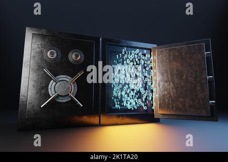 A bank vault storing glowing binary code. Illustration of the concept of computer source code , online data and cloud information protection Banque D'Images