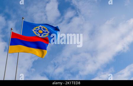 Drapeau de l'Arménie et de l'Organisation du Traité de sécurité collective. Ciel bleu et drapeau Arménie et Organisation du Traité de sécurité collective, amitié Arménie a Banque D'Images