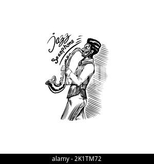 Saxophoniste afro-américain de jazz. Homme jouant un instrument de musique. Logo ou badge dessiné à la main. Esquisse. Illustration vectorielle Doodle. Illustration de Vecteur