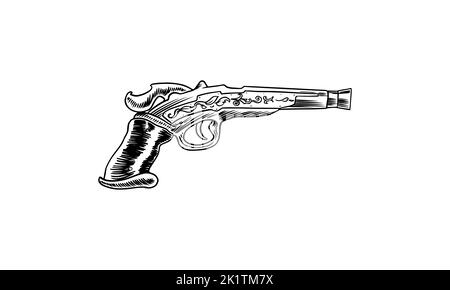 Pirate Revolver. Dessin gravé à la main, croquis vintage pour tatouage ou imprimé sur un t-shirt. Pistolet ou pistolet à main. Illustration de Vecteur