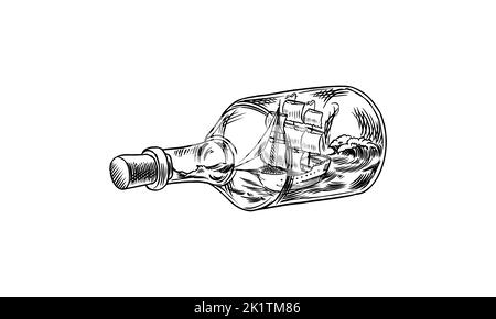 Bouteille en verre avec un navire. Artisanat de voile. Navires de la marine de pirate. Voilier nautique sur les vagues de la mer. Gravé à la main, croquis vintage pour Illustration de Vecteur