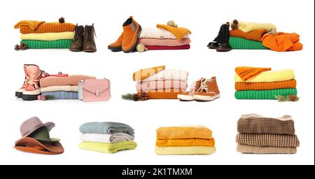 Ensemble de vêtements chauds isolés sur blanc Banque D'Images