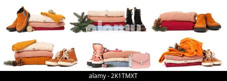 Ensemble de vêtements chauds isolés sur blanc Banque D'Images