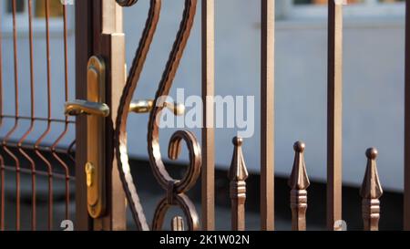 Décor forgé de flou artistique avec éléments forgés pour portails métalliques. Clôture en métal forgé de style rétro. Porte avec éléments forgés de couleur or. Porte de la poignée. Sortie Banque D'Images