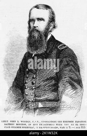 Portrait du lieutenant John Lorimer Worden, de la Marine des États-Unis, commandant le moniteur de batterie flottante Ericsson, dans son engagement avec le vapeur en aluminium Rebel Merrimack, à Hampton Roads, 9 mars 1862. Illustration de la guerre de Sécession américaine du 19th siècle tirée du journal illustré de Frank Leslie Banque D'Images