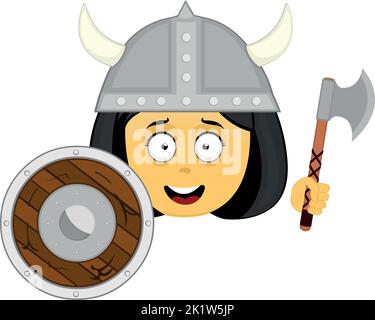 Illustration vectorielle emoji d'une caricature viking jaune, avec un casque, un bouclier et une hache en main Illustration de Vecteur