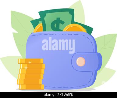 Portefeuille avec dollars et pièces. Porte-monnaie. Illustration de style plat, vecteur Illustration de Vecteur