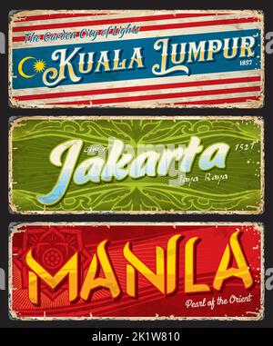 Djakarta, Kuala Lumpur, autocollants de voyage de Manille, plaques vectorielles millésimes. Indonésie, Malaisie, Philippines vacances et voyage voyage bagages étiquettes ou Illustration de Vecteur