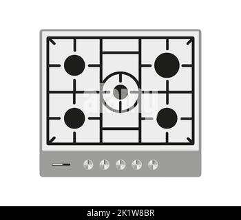 Cuisinière à gaz surface métal partition 5 brûleurs blanc plat. Table de cuisson plaque de cuisson en acier inoxydable équipement électrique domestique grande surface professionnelle grille noire vue de dessus isolée Illustration de Vecteur