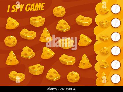 Caricature maasdam, feuille de calcul du jeu d'espionnes Emmental Cheese I. Puzzle éducatif vectoriel pour enfants. Développement des compétences en numératie et de l'attention page d'énigme. Jeu de mathématiques pour enfants de maternelle et d'âge préscolaire Illustration de Vecteur