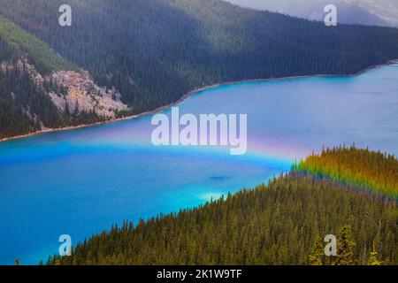 Arc-en-ciel au-dessus du lac Peyto; Parc national Banff; Alberta; Canada Banque D'Images