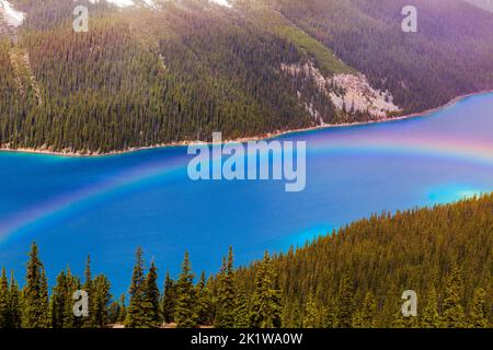 Arc-en-ciel au-dessus du lac Peyto; Parc national Banff; Alberta; Canada Banque D'Images