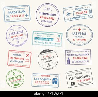 Timbres de voyage de passeport, visa de voyage de l'aéroport d'arrivée et de départ, vecteur. Timbres internationaux de voyage de passeport du Mexique, Las Vegas, Los Angeles, San Francisco et Phenix, San Jose et Sacramento Illustration de Vecteur